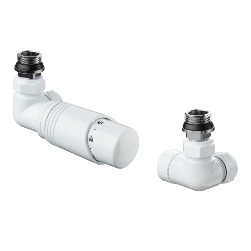 Product Cut out image of the Terma Cylindrical TRV Matt White 3 Axis Radiator Valve with its tap positioned horizontally